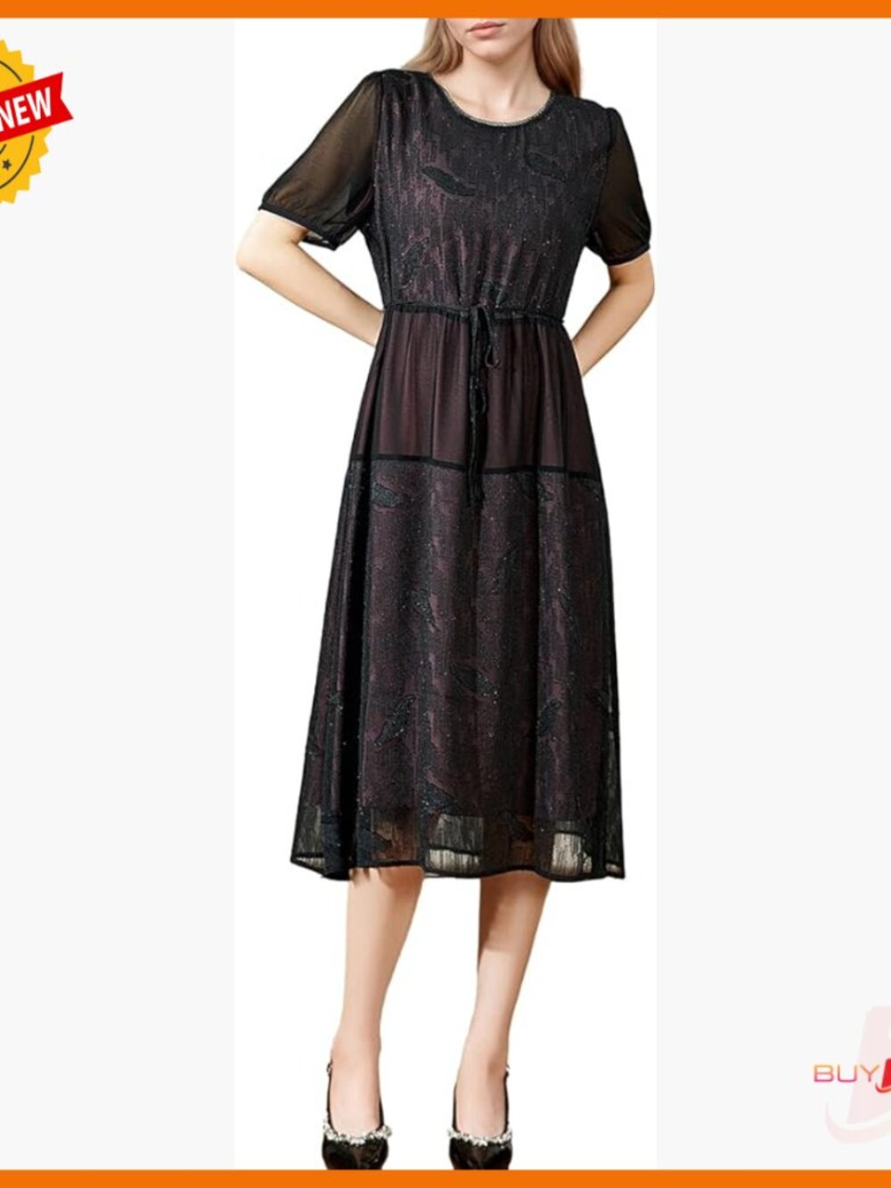 Short Sleeve Midi Dress With Waist Tie, A-Line Silhouette, Lace Trim